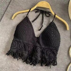 Black Handmade Crochet Lace Halter Bralette‎ Top Boho Festival Beach Crop Top